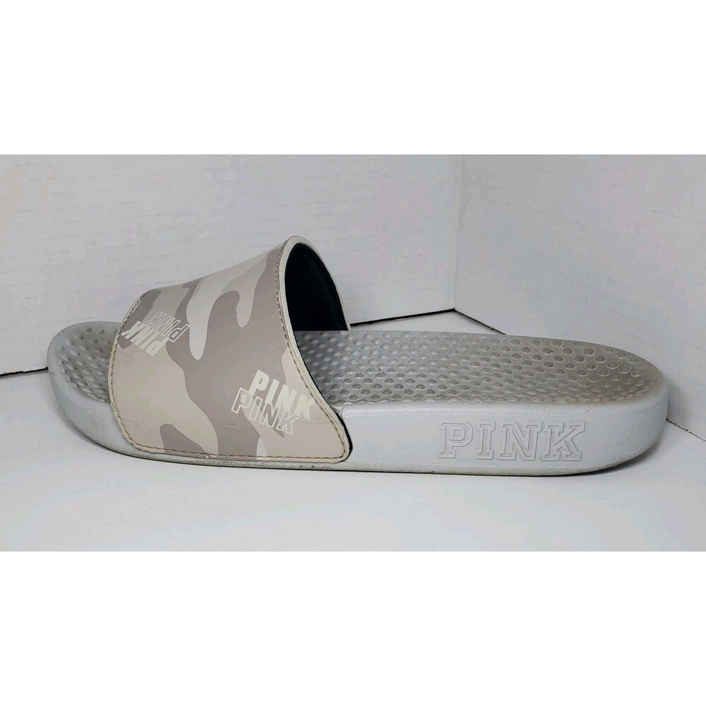 PINK Victoria’s Secret Camo Slides Sandals Grey Sz S (Aprox 7) Summer Pool Beach